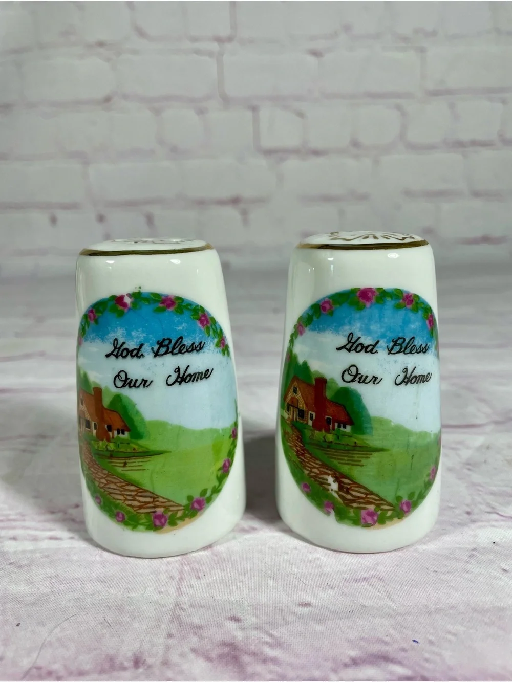 Vintage God Bless Our Home Gold Gilt Porcelain Salt and Pepper Shaker Pair